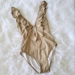 MICHAEL Michael Kors Khaki Ruffle Deep V One Piece Swimsuit 8 NWT